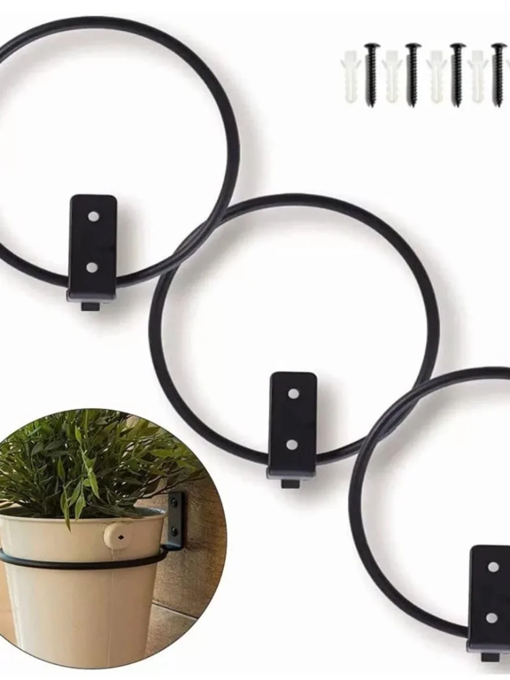 NEW! Set of 3 Black Metal Wall-Mounted Flower Pot Holder Rings